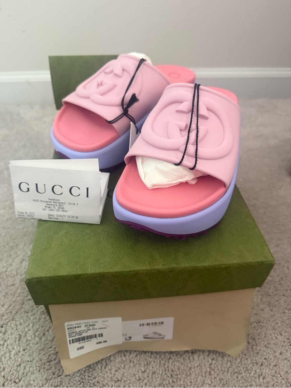 Gucci Kids Pink and Lavender Platform Logo Slides